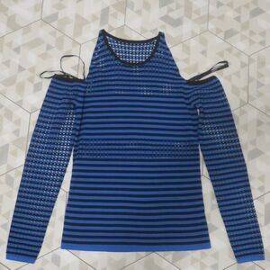 BAILEY 44 cold shoulder sweater mesh stripe blue black sz LARGE knit stretch